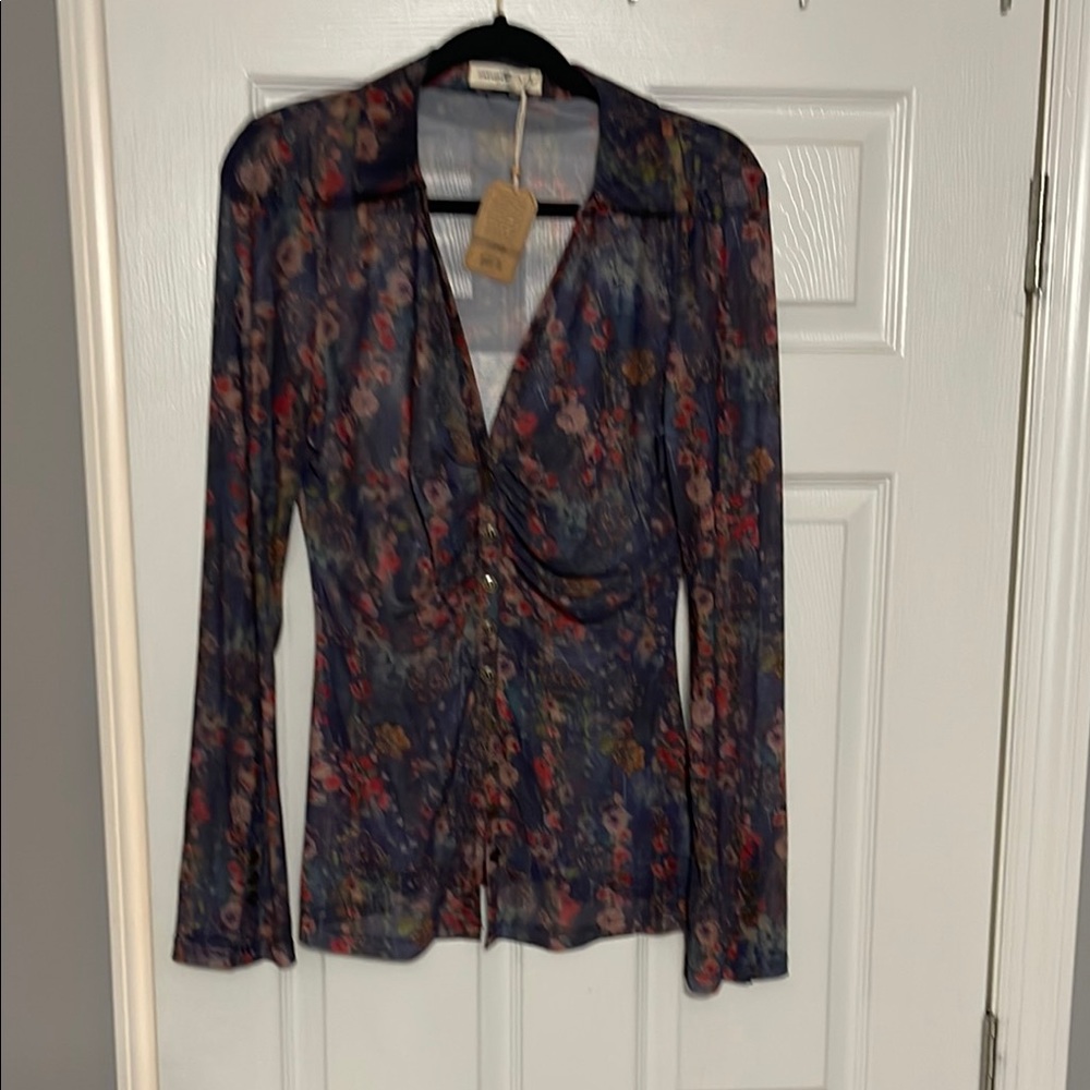 Natural Life Size Large Floral Long Sleeve Mesh Top